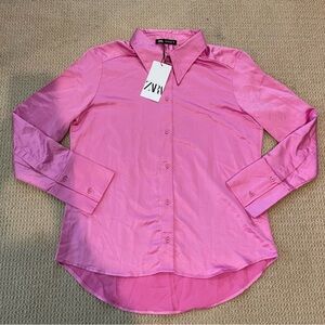 Zara Pink 3/4 Sleeve Button Down Shirt